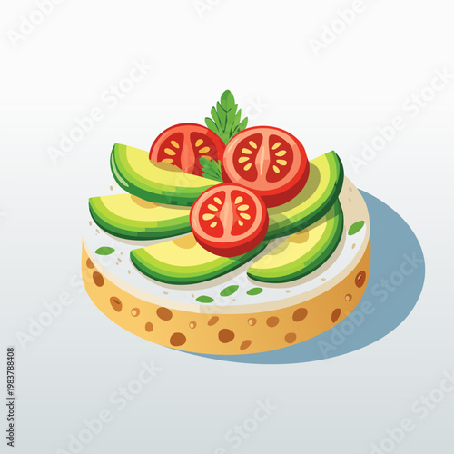 Fresh and healthy avocado toast illustration with sliced tomatoes and a green herb on a slice of bread.