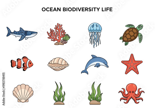 Collection of ocean biodiversity life with various marine animals and plants