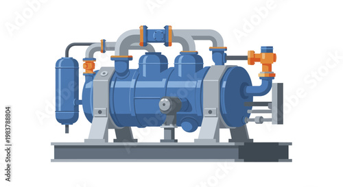 Industrial Blue Compressor Machine with Pipes and Tanks.