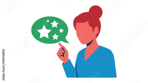 Customer Satisfaction and Praise: A modern illustration depicting a woman expressing a positive review and endorsement. The image suggests concept of quality and value. 