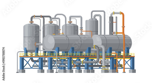 Industrial Chemical Plant Equipment with Pipes and Tanks.