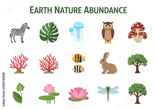 Diverse Earth Nature Abundance Collection Flora, Fauna, and Fungi Illustrations