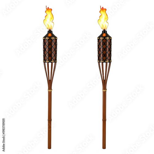 Two torches with lit flames on tall wooden poles