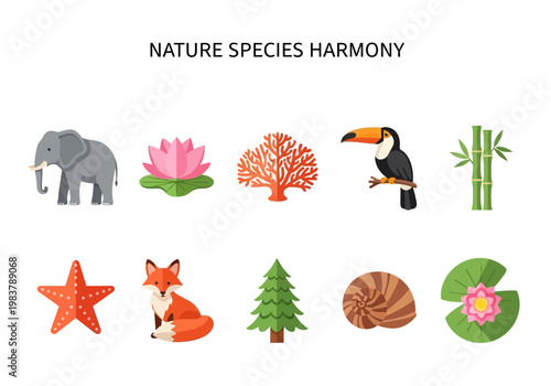 Collection of diverse flora and fauna species illustrating natural harmony and biodiversity