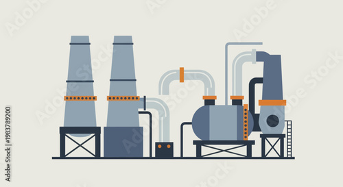 Industrial Factory with Smokestacks and Pipes.