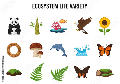 A vibrant collection showcasing diverse elements of nature, featuring plants, animals, and aquatic life