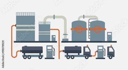 Industrial fuel refinery and distribution network with trucks.