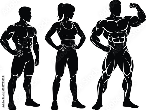 Strong muscular fitness silhouettes showcasing male and female bodybuilder poses illustration