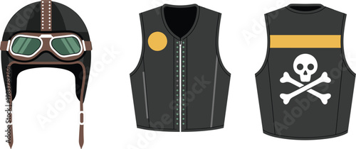 Rider apparel illustration featuring classic aviator helmet and stylish biker jackets