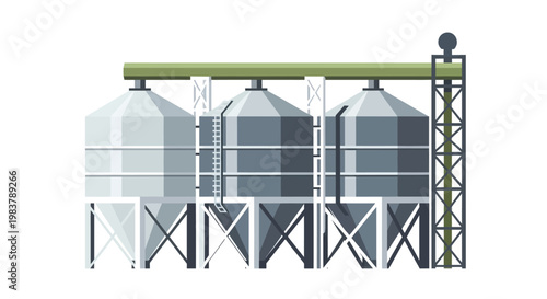 Industrial Grain Silos Storage Facility with Connecting Pipes.