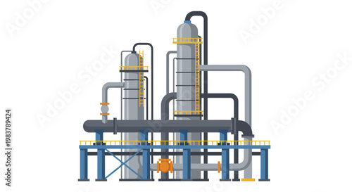 Industrial oil refinery plant with distillation columns and pipelines.