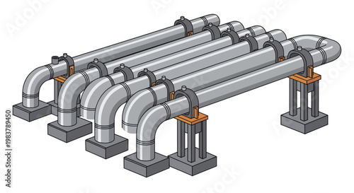 Industrial pipe system with multiple parallel pipes and supports.