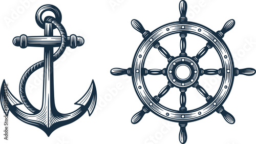Nautical vintage illustration featuring anchor and ship wheel maritime symbols design