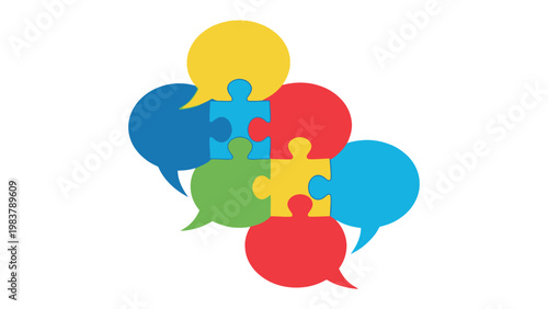 Collaborative Communication: Interlocking jigsaw pieces are integrated with speech bubbles, symbolizing the synthesis of ideas in effective communication and teamwork