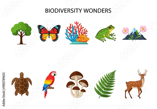 Showcasing the wonders of biodiversity through a collection of diverse flora and fauna illustrations