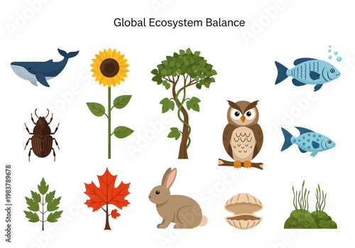 Illustration of Global Ecosystem Balance with Various Flora, Fauna, and Natural Elements