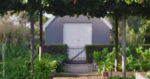 Camera is moving forward along gravel path to frame small gray garden shed behind closed gate