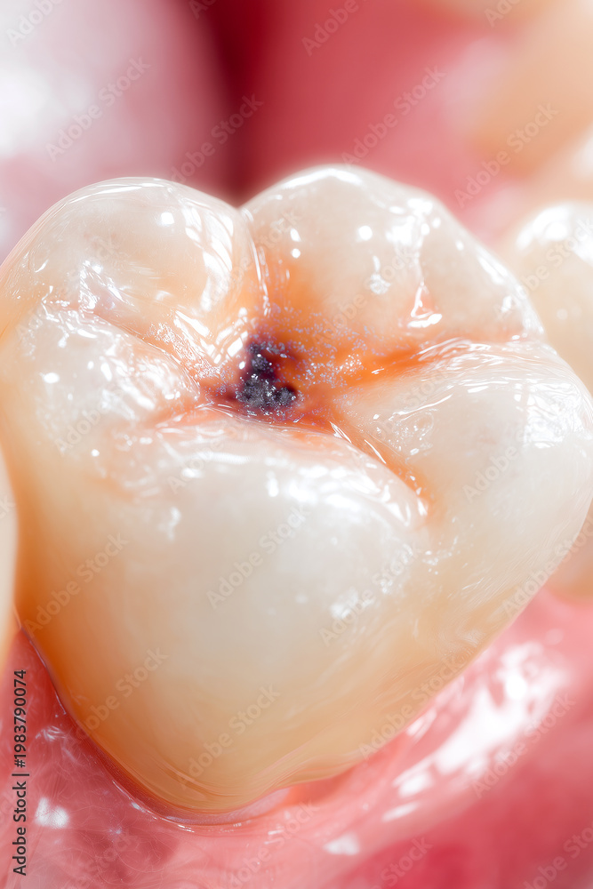 Fototapeta premium Macro close up of a human molar tooth with visible dark cavity and decay in the fissures. Medical concept of dental caries, toothache, oral hygiene issues, and stomatology treatment