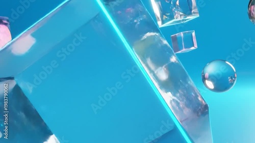 3D-rendered illustration of geometric shapes, cubes, spheres and crystalline structures, on a gradient blue background