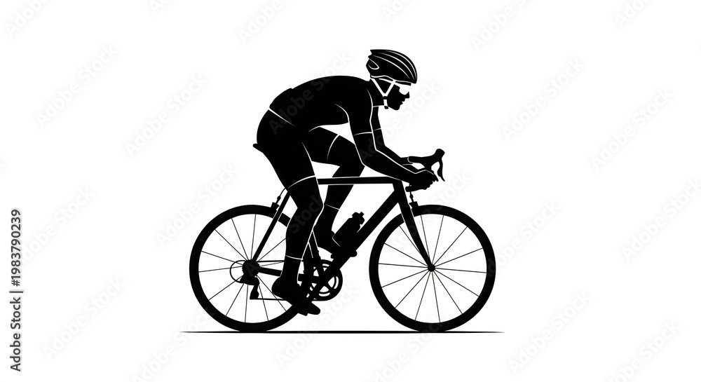 Naklejka premium Minimalist cyclist silhouette on road bike, professional bicycle rider in racing position, black and white cycling athlete graphic on white background