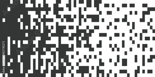 Abstract digital pattern with a gradient transition from dense black pixels to sparse black pixels on a white background, creating a visual fade effect.