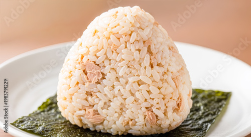 Tuna Mayo Onigiri Rice Ball with Nori on White Plate, Close-Up