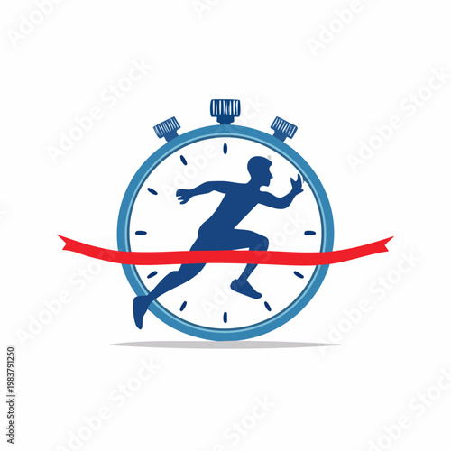 Blue silhouette of a runner crossing a red finish line with a stopwatch in the background, symbolizing speed and achievement.
