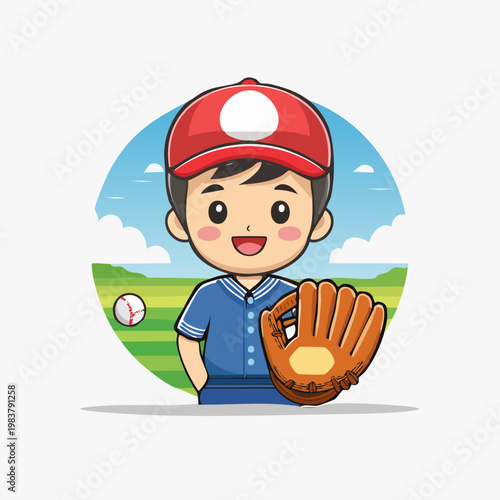 Cute cartoon boy dressed as a baseball player holding a glove with a baseball on the field.