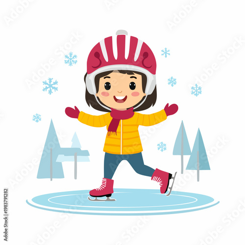 A cheerful child wearing a helmet and winter clothes enjoys ice skating outdoors in a snowy landscape.