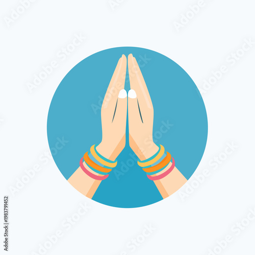 Illustration of hands in a traditional greeting gesture with colorful bangles on a blue background.