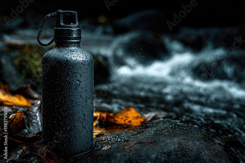Reusable water bottle on rocks near a flowing stream.