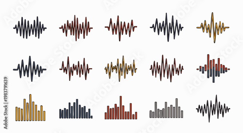 Collection of 15 colorful sound wave graphics, representing audio, music, and sound frequencies in various styles.