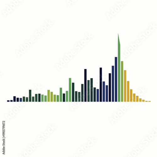 Abstract sound wave visualization with rising bars in green, blue, and yellow, representing audio, music, or data analysis.