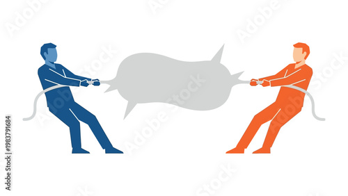 The Tug-of-War of Ideas: Two figures, one blue and one orange, engage in a symbolic tug-of-war over a grey speech bubble, representing the dynamic interplay of contrasting ideas.
