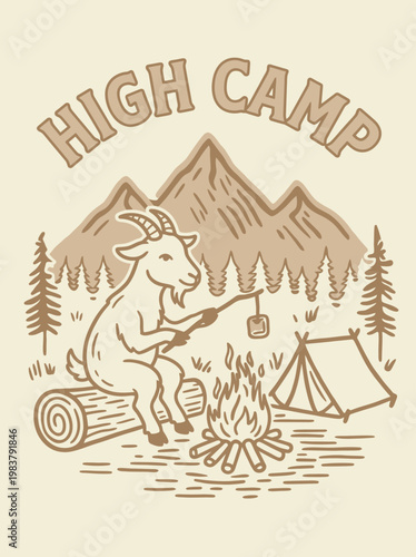 Goat sitting on log outdoors camping.