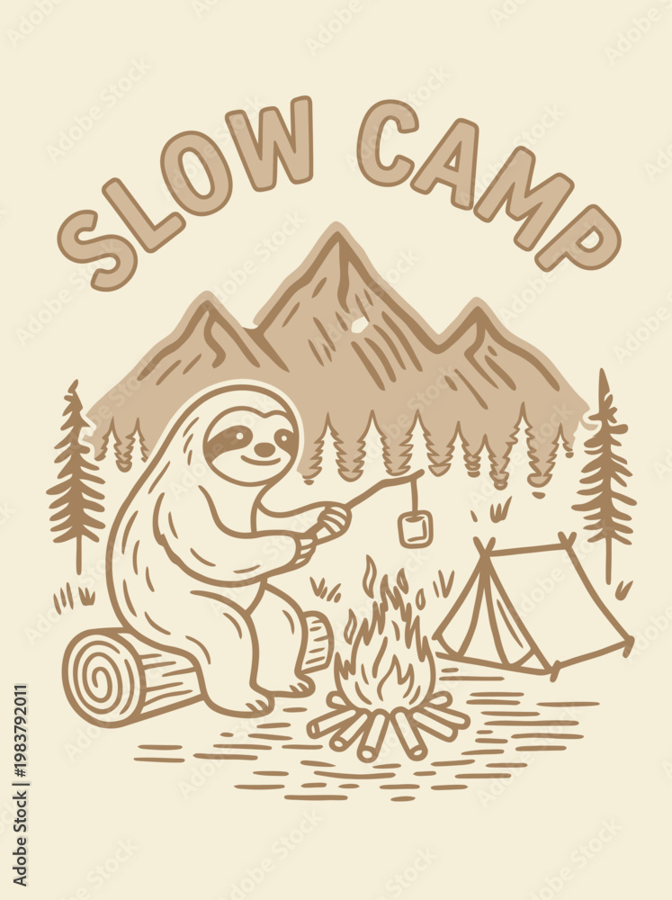 Fototapeta premium Sloth sitting by campfire outdoors.