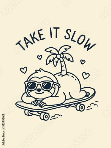 Sloth on skateboard wearing sunglasses relaxed.