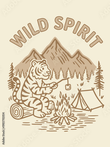 Tiger sitting by campfire outdoors.