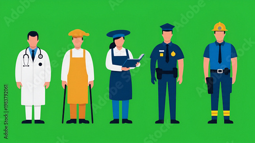 Diverse Essential Workers Flat Character Illustration Set on Bright Green Background