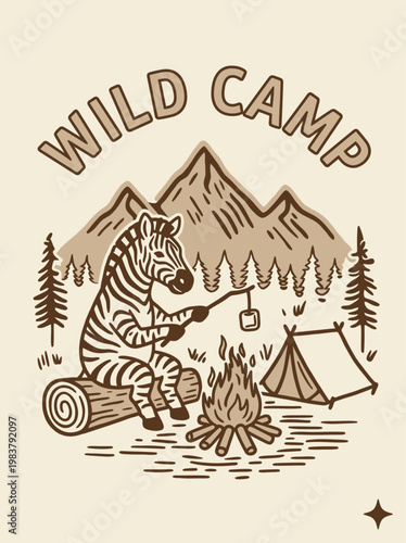 Zebra sitting by campfire cooking.