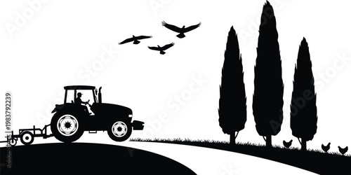 Peaceful countryside farming scene with tractor, flying birds, cypress trees, and chickens in rural agricultural landscape illustration