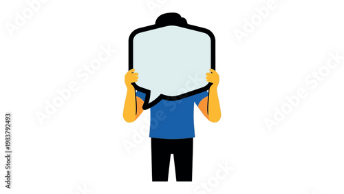 Communication in Focus: A person stands holding a blank speech bubble, representing dialogue, thoughts, and ideas.