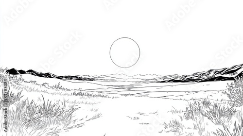 Serene Black and White Landscape with Mountains and Sun Outline