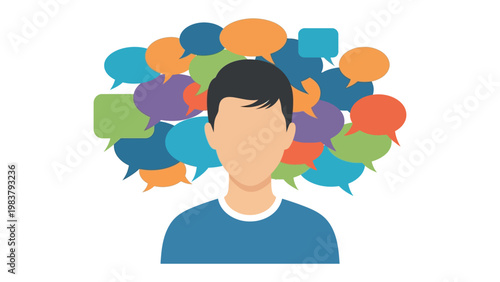 Idea cloud: An illustrated man surrounded by a flurry of colorful thought bubbles, capturing the essence of diverse ideas and perspectives. 