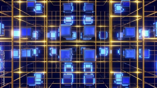 Neon-lit grid pattern with blue squares and yellow lines on dark background