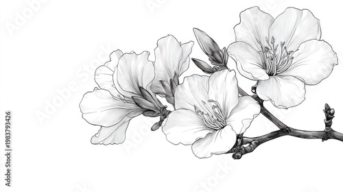Elegant Black and White Illustration of Cherry Blossom Flowers