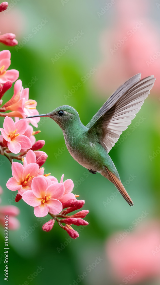 Fototapeta premium Vibrant hummingbird feeding on pink blossoms in lush garden setting
