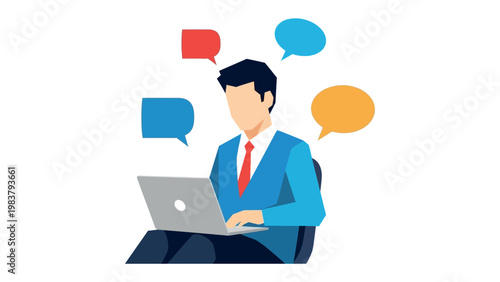 Digital Dialogue: An individual is immersed in the digital realm, engrossed in virtual conversations, with speech bubbles hovering above, representing a dynamic exchange of thoughts and ideas.