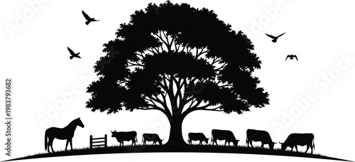 Peaceful rural landscape with grazing cows, horse near wooden fence, large tree and flying birds in silhouette illustration
