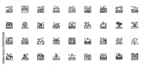 Outdoor Landscape icon set. Nature vector illustrations. Includes forest, mountain, desert, lake, waterfall, beach, volcano, aurora and more. Editable stroke.